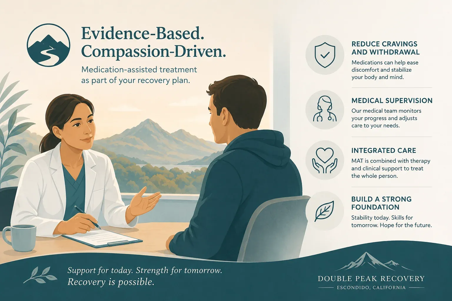 Illustration of a clinician discussing medication-assisted treatment with a client