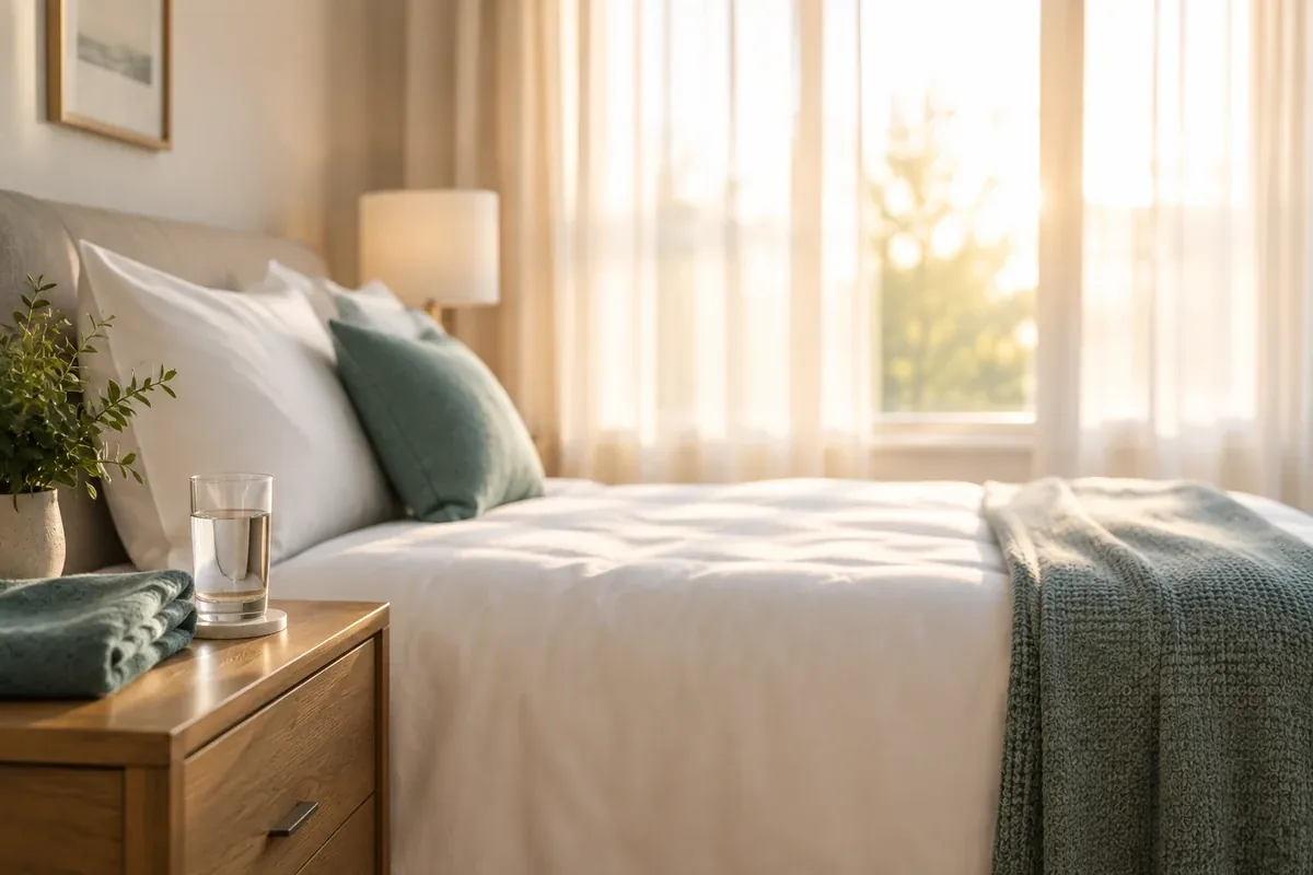 Client bedroom at Double Peak Recovery in Escondido with morning light through sheer curtains